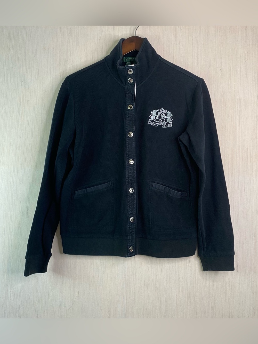 Lauren Ralph Lauren Women’s Snap Front Embroidered Crest Logo Jacket Black Lg